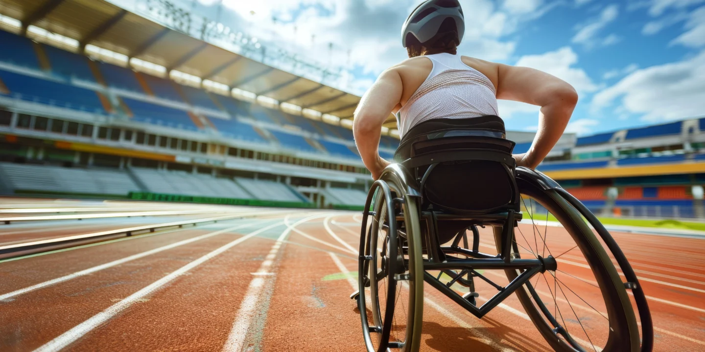 Un coureur valide aidant un coureur en fauteuil roulant à avancer sur la piste lors d'une course.