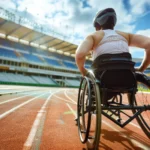 Un coureur valide aidant un coureur en fauteuil roulant à avancer sur la piste lors d'une course.