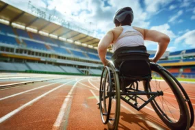Un coureur valide aidant un coureur en fauteuil roulant à avancer sur la piste lors d'une course.