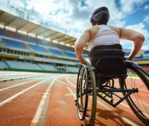 Un coureur valide aidant un coureur en fauteuil roulant à avancer sur la piste lors d'une course.