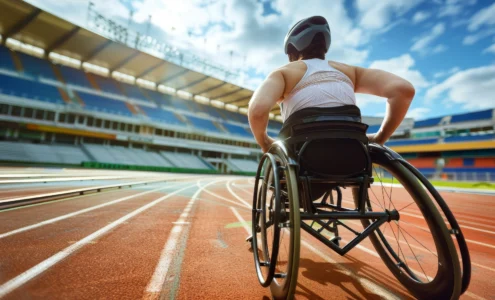 Un coureur valide aidant un coureur en fauteuil roulant à avancer sur la piste lors d'une course.