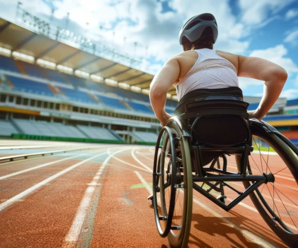 Un coureur valide aidant un coureur en fauteuil roulant à avancer sur la piste lors d'une course.