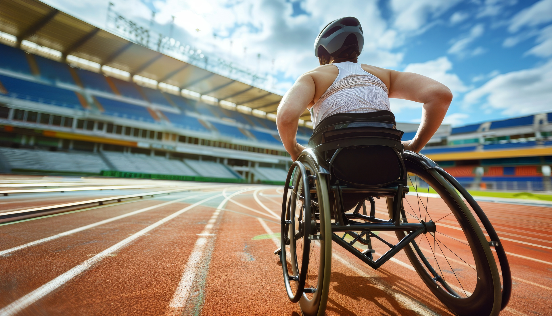 Un coureur valide aidant un coureur en fauteuil roulant à avancer sur la piste lors d'une course.