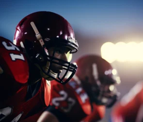 Sam Jordan, un jeune étudiant trisomique, célébrant son touchdown sur un terrain de football américain entouré de joueurs.